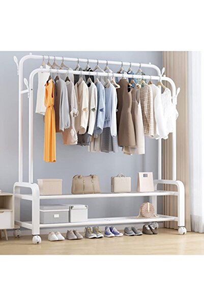 LIVVY Garment Rack with Wheels, Double Rod, Freestanding Clothes Organizer – White
