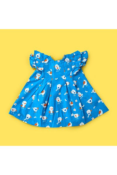 KeeBee Organic Cotton Blue Birdie Printed Girls Iris Dress