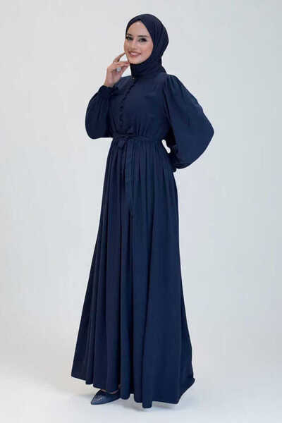 Bym Fashion Dress with Elastic Sleeves and Button Detail on the Front 6040 Navy Blue