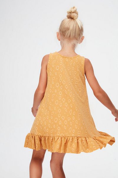LOVETTI Mustard Drop Pattern Girls' Ruffled Bell-Bottom Dress