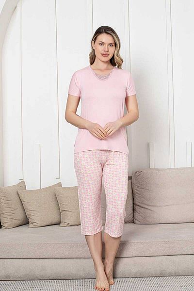 ALİMER Pajama Set - Pink Daisy Pattern Capri Lycra Viscose 2852B