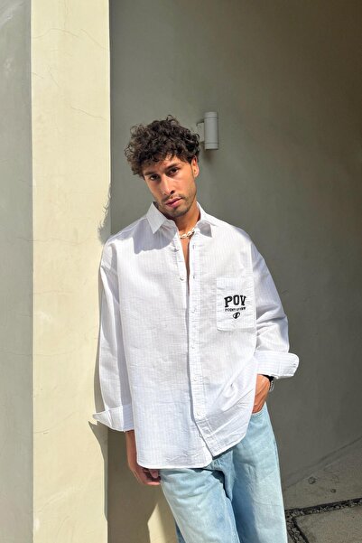 Flaw Wear Point of View Embroidered Striped White Oversize Shirt