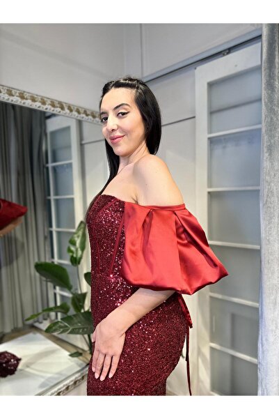 Abiye's KIRMIZI KORSE DETAYLI DÜŞÜK KOL BALIK PAYET ELBİSE