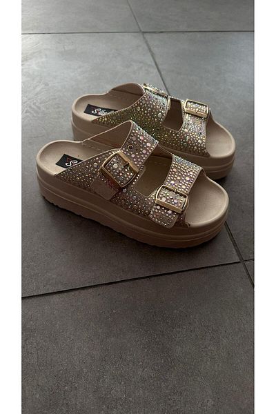 Sibel Shoes Lora Beige Stone Detailed Double Buckle Slippers