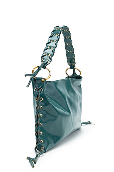 minebag Texas Women's Shoulder Bag with Knitted Handle Rope Pendant Detail Blue
