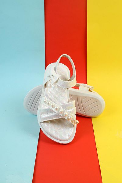 Moda Lime Girls' Sandals Bead and Ribbon Detailed Velcro Flexible Sole Slippers