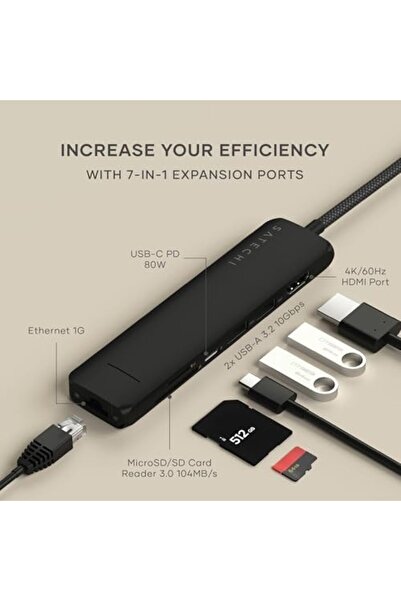 Satechi موزع USB C من SATECHI 7 في 1 Slim Plus، محول متعدد المنافذ مع HDMI بدقة 4K، شحن PD بقوة 100 وات، منفذي USB-A،