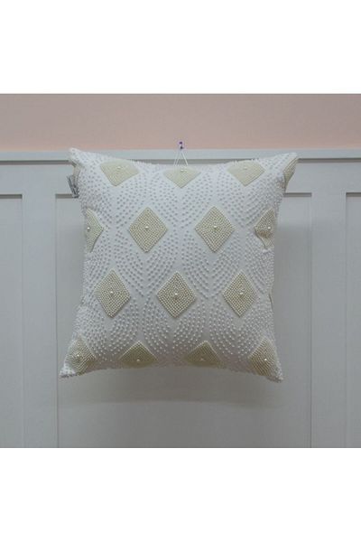 Danube Home Gleam Cotton Duck Cushion With Moti Hand Work Off White 45X45Cm 100% Cotton Couch Filled Cushion