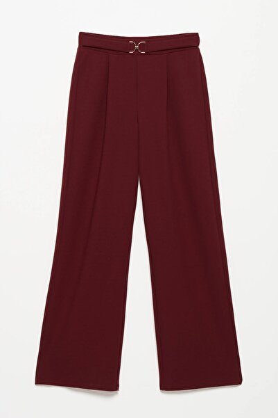 Fashion Friends Buckle Detailed Wide Leg Trousers Burgundy