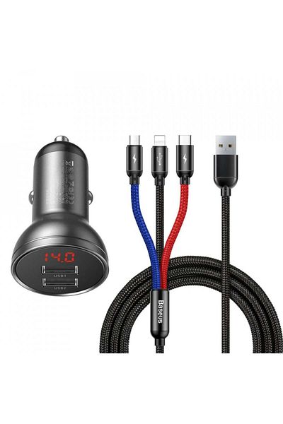 Baseus Încărcător auto cu afișaj 2x USB, 24W cu cablu 3 în 1 USB la Type-C / Lightning / Micro-USB, - Negru
