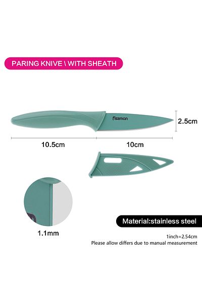 Fissman Paring Knife 10cm with Sheath , Stainless Steel Knife for Meat Fruit And Vegetables, Mint