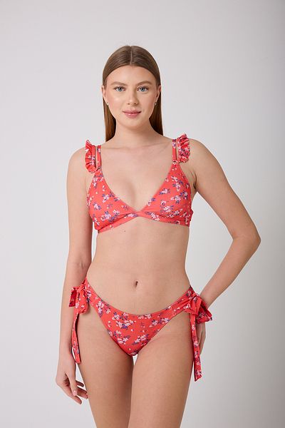 No Gossip Women's Red Floral Patterned Ruffle Strap Tie Bikini Set