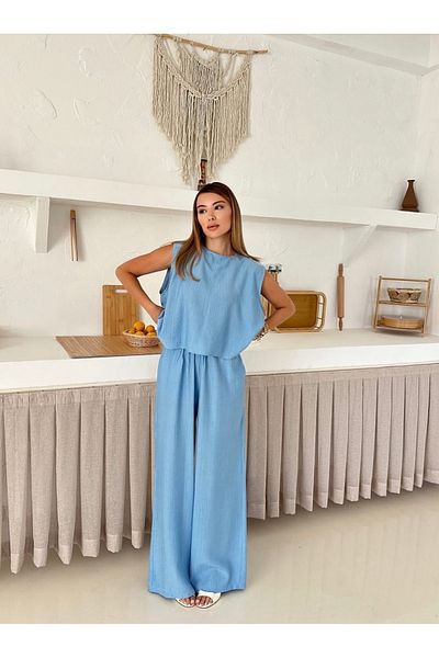 Ekim Store Seersucker Blouse Pants Set with Lace-Up Back