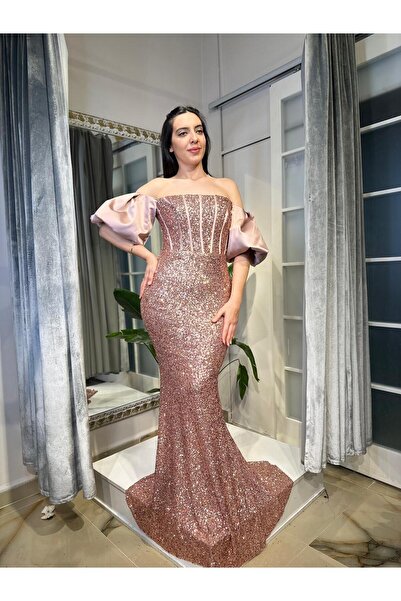 Abiye's PEMBE KORSE DETAYLI DÜŞÜK KOL BALIK PAYET ELBİSE