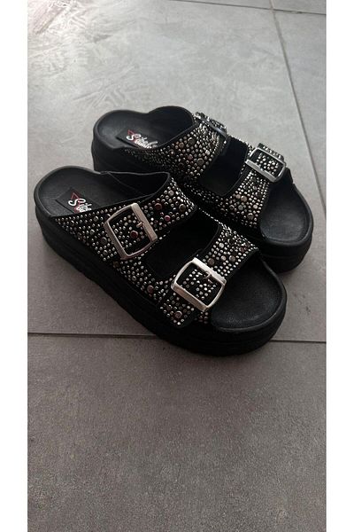 Sibel Shoes Lora Black Stone Detailed Double Buckle Slippers