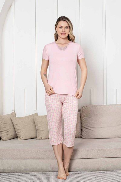 ALİMER Pajama Set - Pink Daisy Pattern Capri Lycra Viscose 2852B