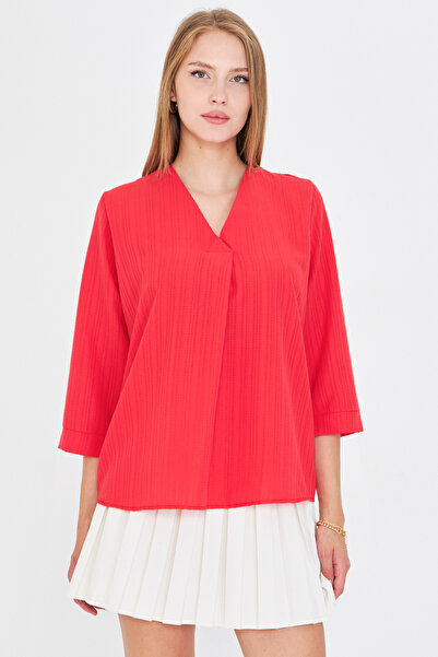 armonika Γυναικεία Κόκκινη Μπλούζα με λαιμόκοψη V με τέταρτο μανίκι ARM-25Y001024