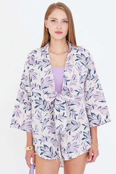 armonika Women's Oil Patterned Linen Look Front Tie Kimono Shirt Arm-24Y001079