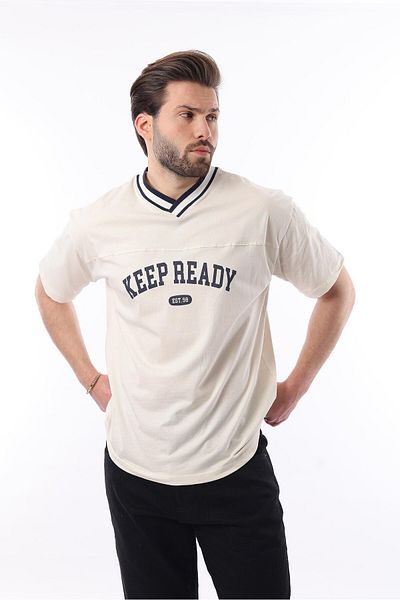Madmext Ecru V-Neck εμπριμέ κοντομάνικο μπλουζάκι 7039