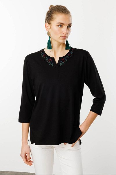 Desen Triko Tricou de damă cu mâneci 3/4 brodate oversize - Casual Elegant
