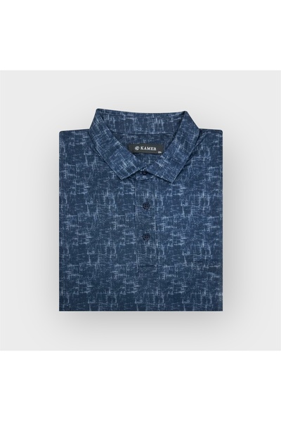KAMER Plus Size Shirt Collar Short Sleeve Patterned Pocket Navy Blue T-Shirt 5049L