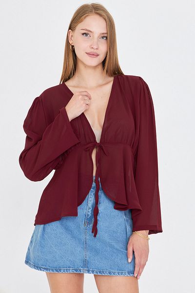 armonika Cardigan kimono din șifon pentru femei, bordeaux, cu legături în față, Arm-25y001072