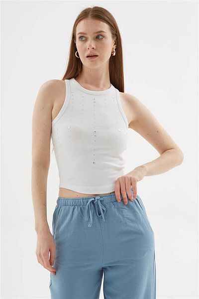 Fashion Friends Stoned Crop Tank Top White