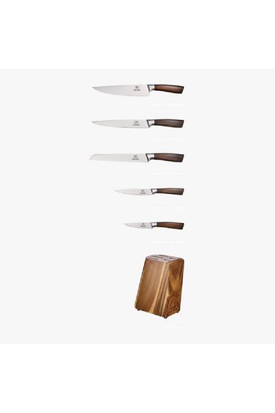 Parfait 6-Piece High Quality Wooden Stand Knife Block Set Brown and Silver