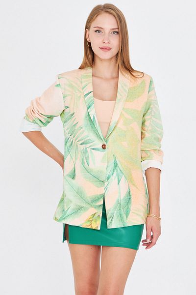 armonika Women's Green Shawl Collar Patterned Single Button Jacket Arm-25Y001071