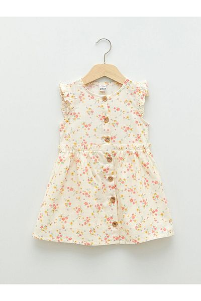 LC Waikiki Lcw Baby Ecru Crew Neck Printed Cotton Baby Girl Dress