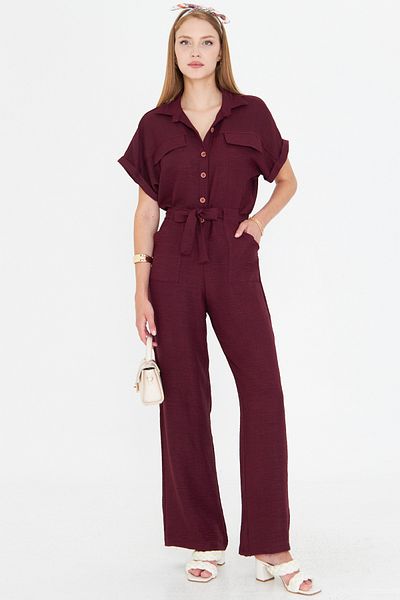 armonika Women's Burgundy Front Buttoned Waist Belted Pocket Bat Sleeve Palazzo Jumpsuit Arm-24Y001105