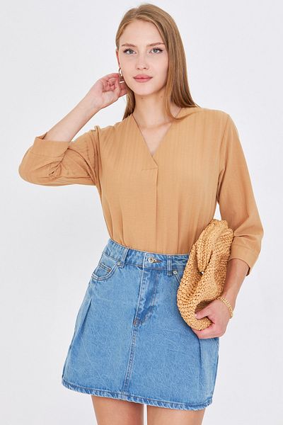 armonika Women's Mink V-Neck Quarter Sleeve Blouse Arm-25Y001024
