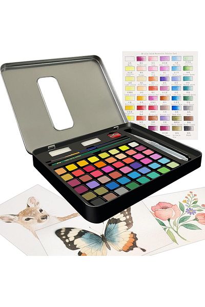 COOYA Solid Watercolor, 48 Colors Solid Watercolor Paints, Pigment Drawing Set with Water Brush Sponge