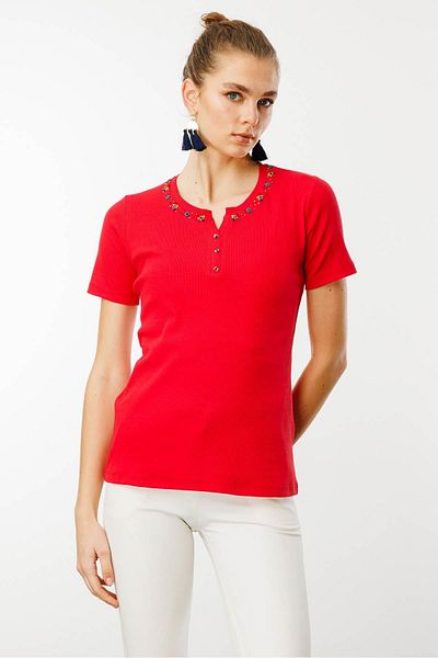 Desen Triko Tricou de damă din bumbac brodat cu mărgele cu guler deschis, albastru bleumarin