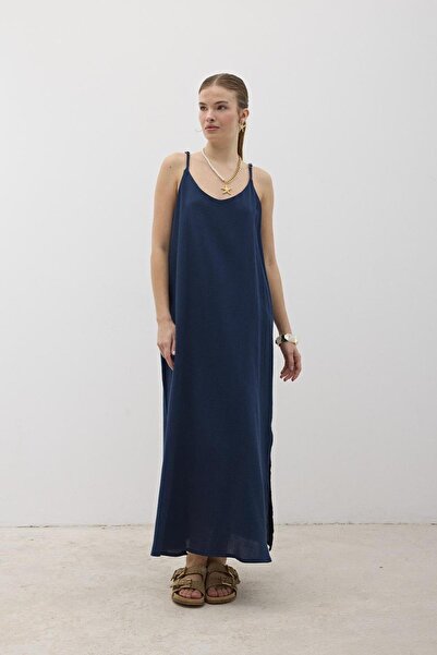 LEVURE فستان موسلين كبير الحجم مع تعليق قابل للتعديل باللون الأزرق الداكن