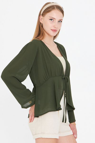 armonika Women's Khaki Front Tie Detailed Chiffon Kimono Cardigan Arm-25Y001072