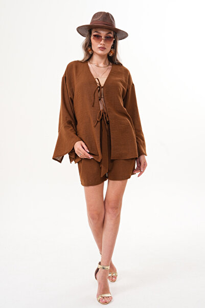 happinice Set kimono maro pentru femei – cu cravată, confortabil croială , co...