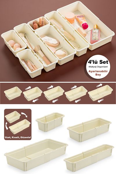 Meleni Home Organizator de machiaj extensibil din 4 piese - Organizator de accesorii pentru bijuterii cu sertar modular reglabil