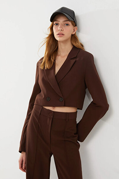 Saade Acı Kahverengi Kruvaze Kapama Şık ve Spor Dokuma Crop Blazer Ceket