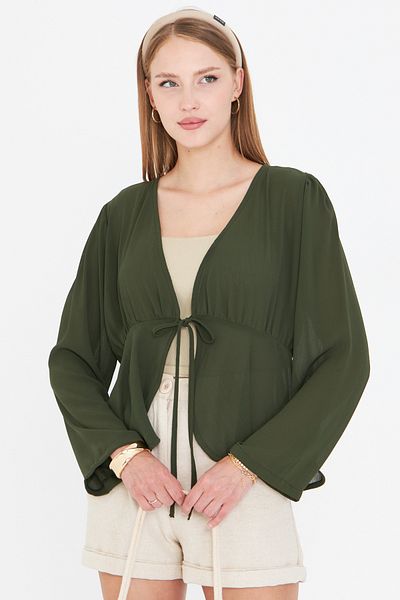 armonika Women's Khaki Front Tie Detailed Chiffon Kimono Cardigan Arm-25Y001072