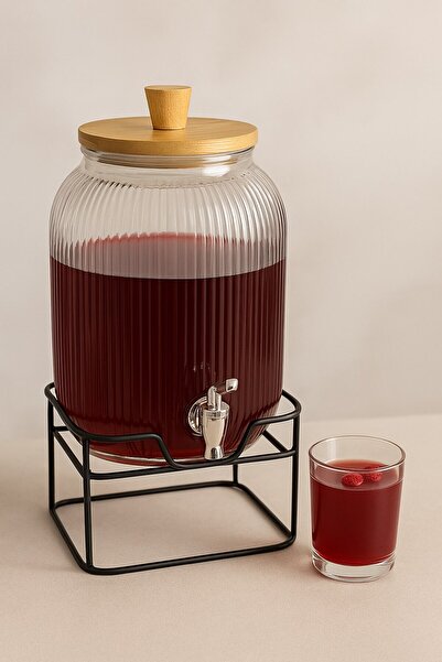 morponi Cam Şerbetlik – 3,75 Litre, Musluklu, Bambu Kapaklı, Metal Standlı
