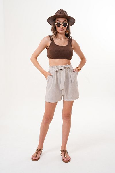 happinice Women's Ecru Elastic Waist Belted Double Pocket Linen Shorts