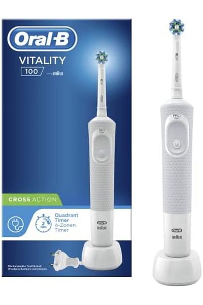 Oral-B فرشاة أسنان كهربائية قابلة لإعادة الشحن من فيتاليتي ١٠٠، لون أبيض (مع قابس ثلاثي الدبابيس في الإمارات العربية المتحدة)