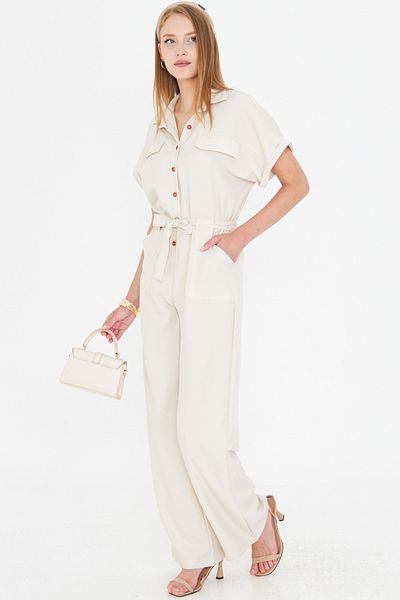 armonika Women's Ecru Front Buttoned Waist Belted Pocket Bat Sleeve Palazzo Jumpsuit Arm-24Y001105
