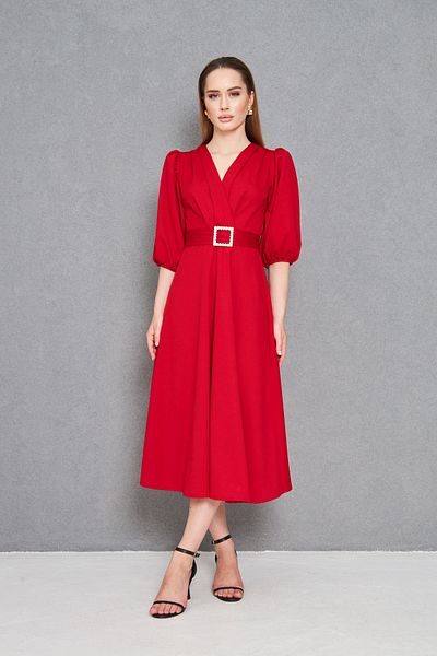 barış sülün lovebox Women's Stretchy Red Fabric Double Breasted Collar Stone Belt Design Midi Evening Dress 3602