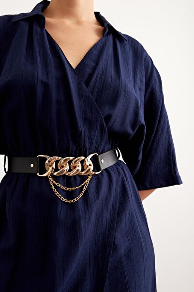 LEVURE Beli Lastikli Kemerli Elbise LACİVERT