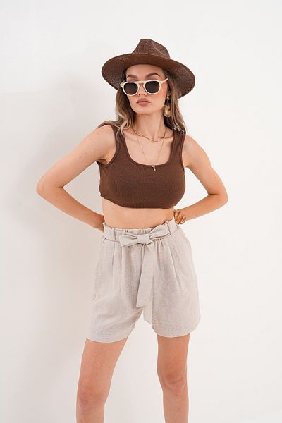happinice Women's Ecru Elastic Waist Belted Double Pocket Linen Shorts