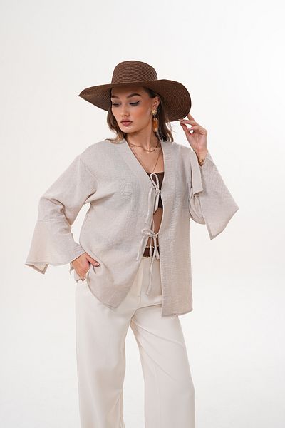 happinice Women's Ecru Double Tie Linen Kimono