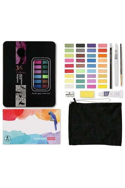 COOYA 36 Colors Solid Watercolor Paints, Drawing Set, Water Brush Brush, for beginners/students/adults