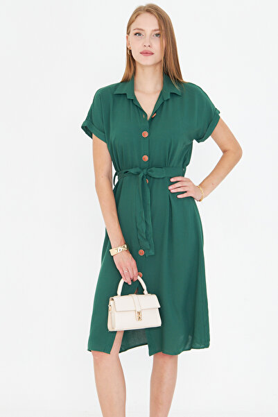 armonika Γυναικείο σκούρο πράσινο κοντομάνικο πουκάμισο με ζώνη μέσης ARM-19Y001068